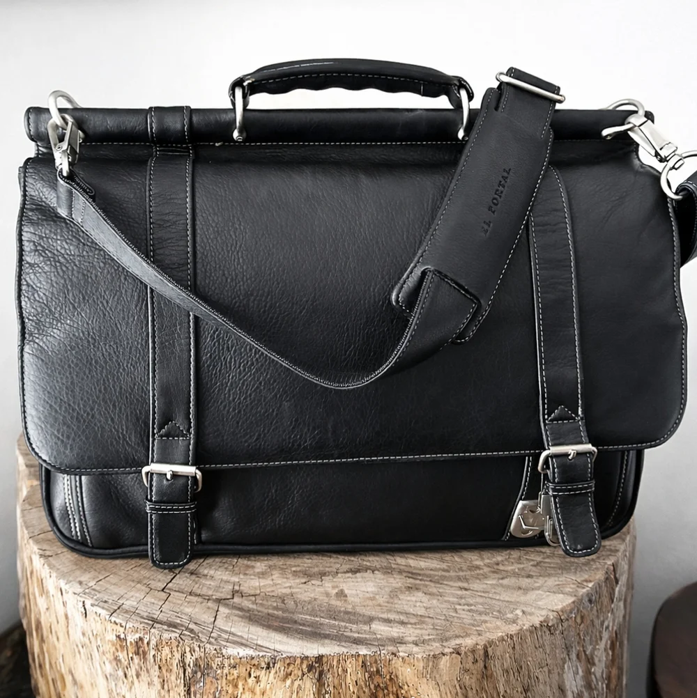 Business EL PORTAL Black Leather MESSENGER Office Work BRIEFCASE ATTACHE BAG